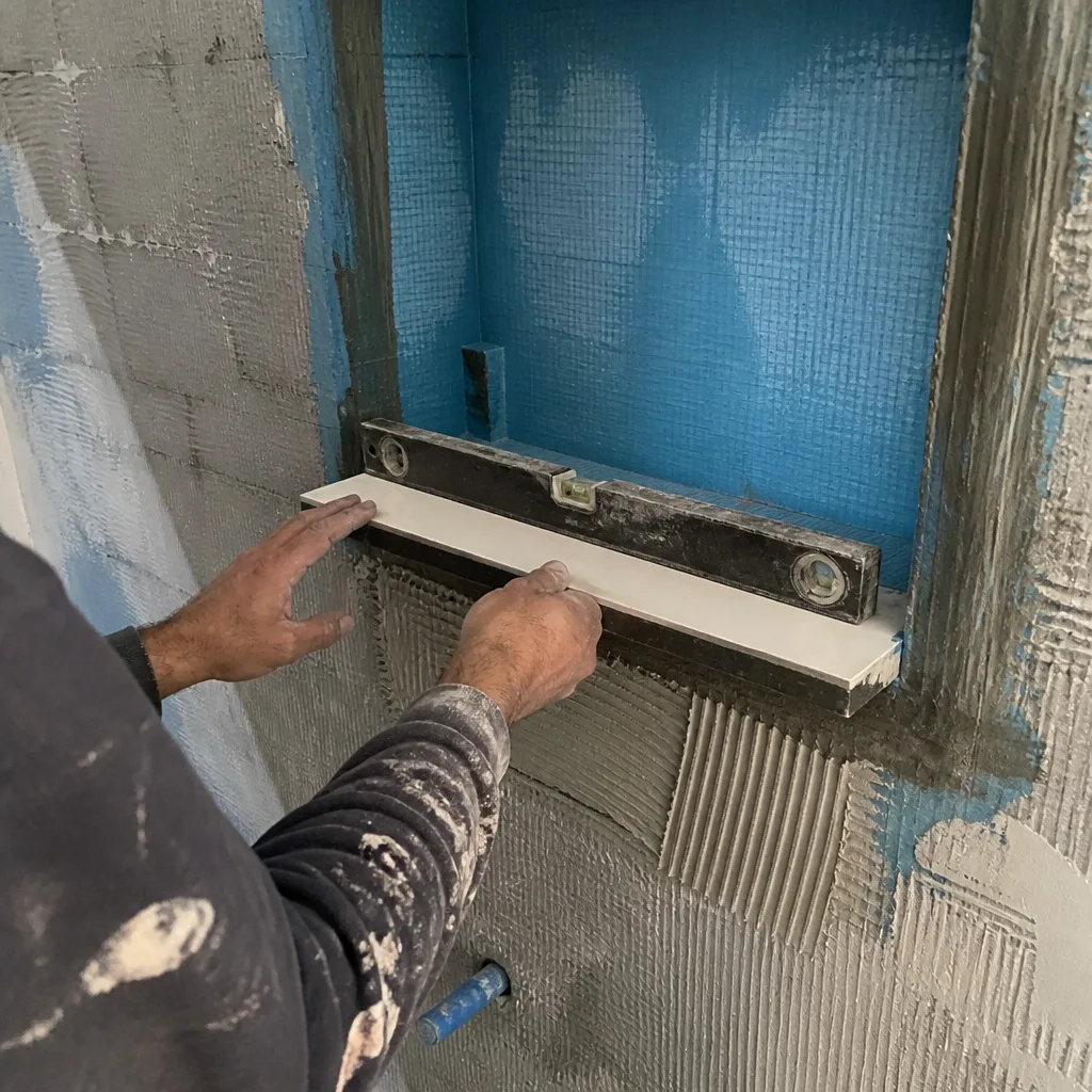 Contractor using a level to install a bathroom shower niche