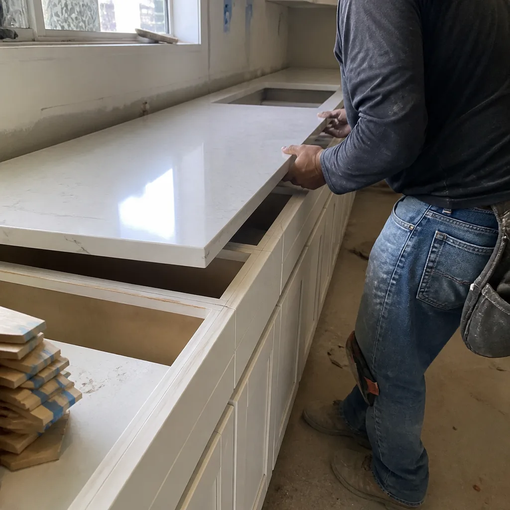 Professional contractor installing white quartz countertop during kitchen renovation