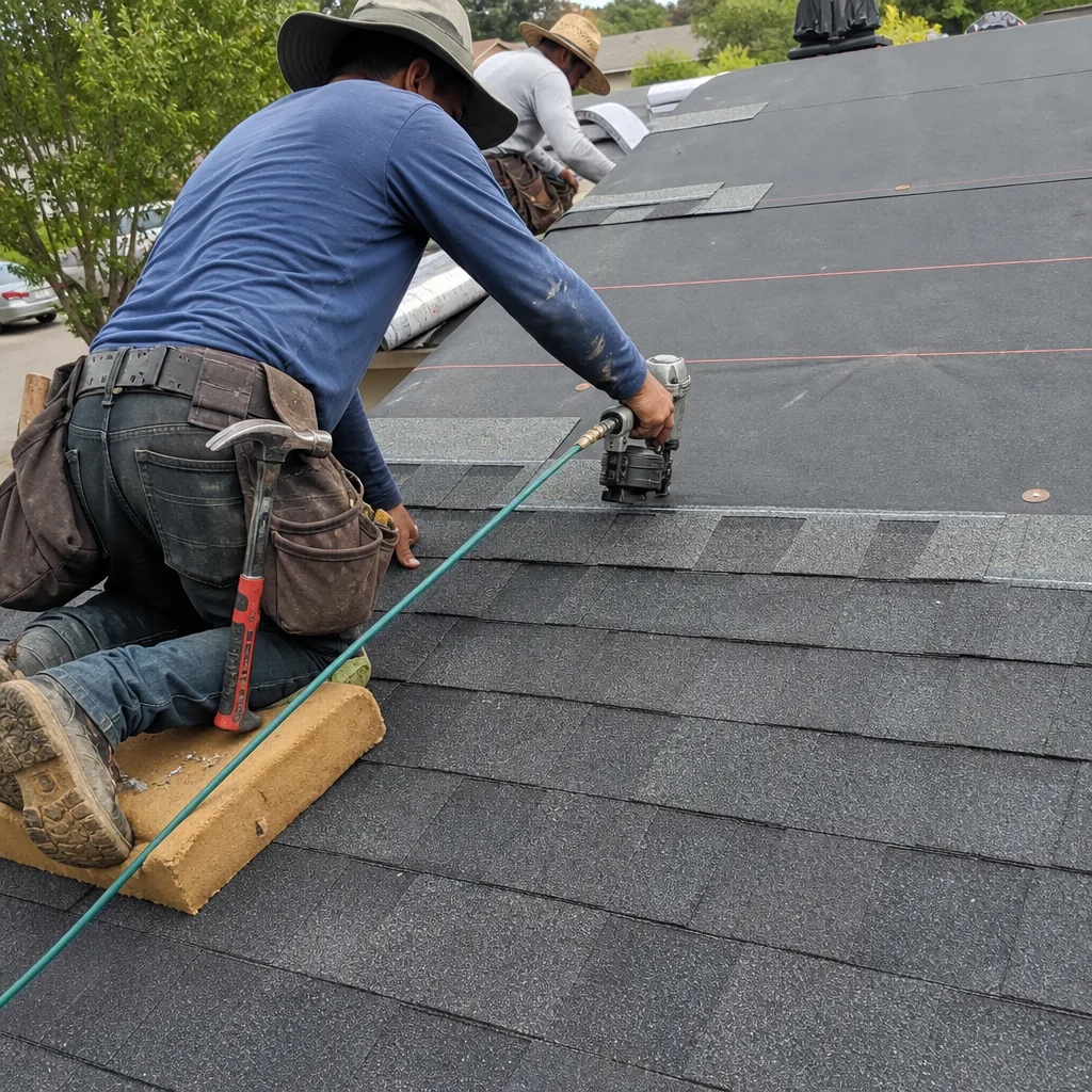 Professional roofer installing asphalt shingles on a residential house roof