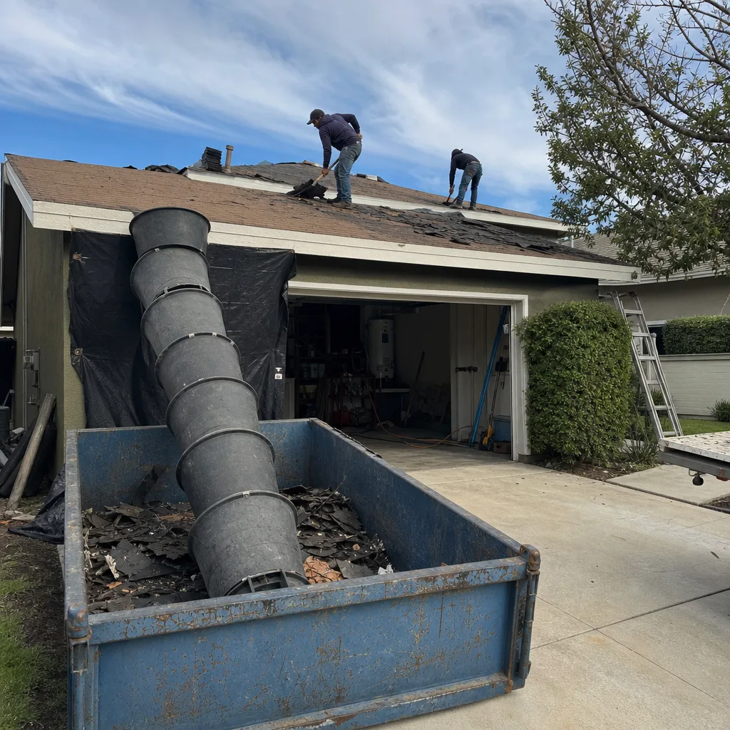 Two contractors performing professional roofing services on a residential house
