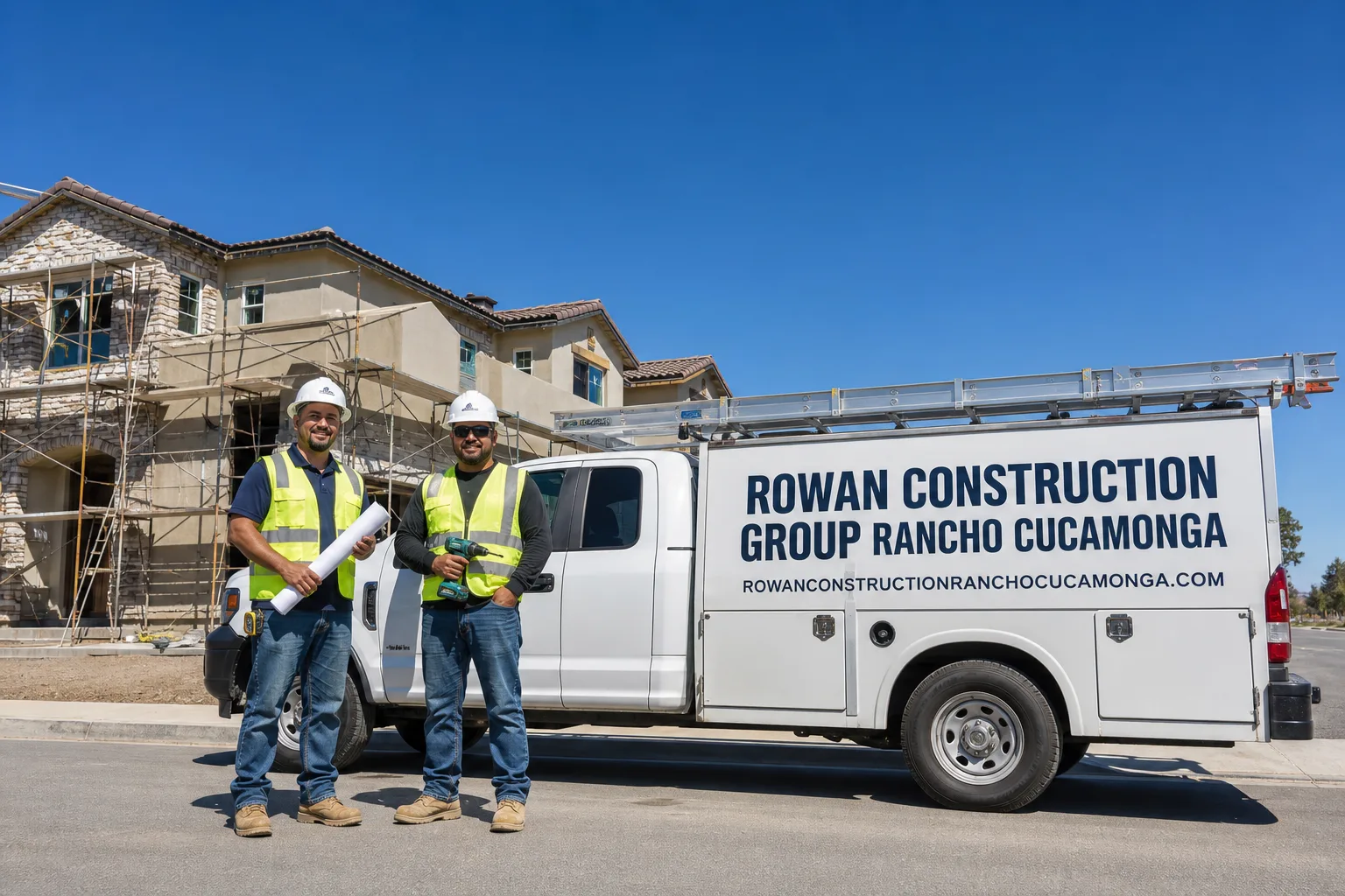 Rowan Construction Group Rancho Cucamonga construction service vehicle and crew in Rancho Cucamonga, CA